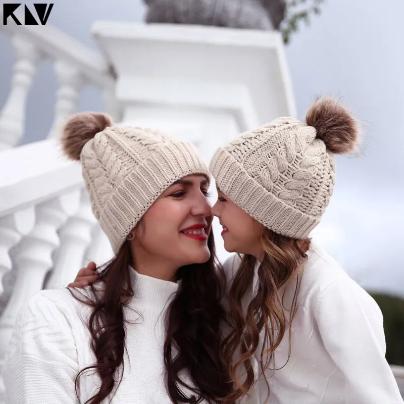 KLV, комплект из 2 предметов, шапка для мамы и ребенка, одинаковая шапка для всей семьи, зимняя теплая вязаная шерстяная шапочка, лыжная шапка, детская шапка
