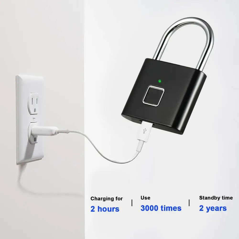 

Security Keyless USB Rechargeable Door Lock Fingerprint Smart Padlock Quick Unlock Zinc Alloy Metal Self Developing Chip