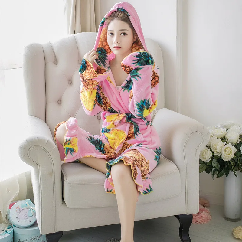 

[Jun xin] Flannel Pajamas Women's Covered with Pineapple Long Sleeve Autumn & Winter Sweet-Outer Wear Women's Robes