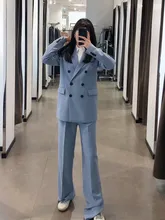 

Women Double Breasted Blazer Coat + High Waist Zipper Pants Vintage Business Casual Formal Outfits Outerwear Spring Autumn New