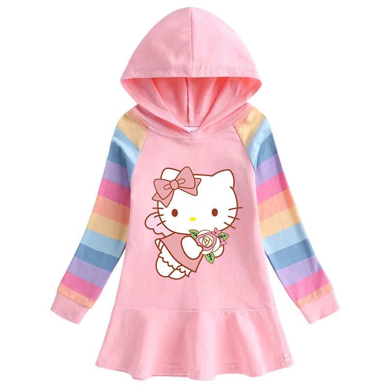 thumbnail image 1 of Hello Kitty-vestido de algodón con dibujos de arcoíris para niñas, suéter con capucha de manga larga, falda de princesa, ropa para niños, primavera y otoño, 1 of 4