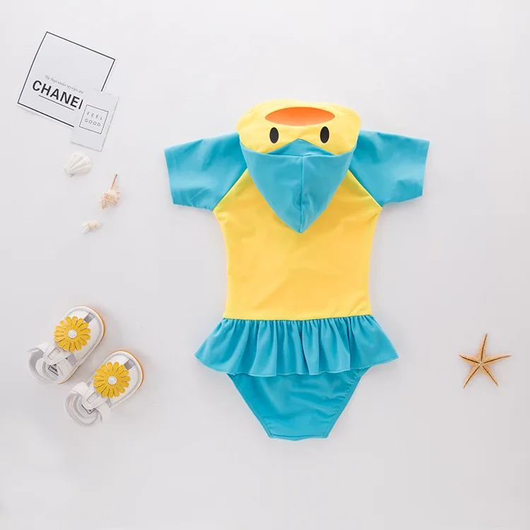 

Short in Size Processing GIRL'S One-piece Swimming Suit Yellow Penguin Hooded-Children Hot Springs Bathing Suit