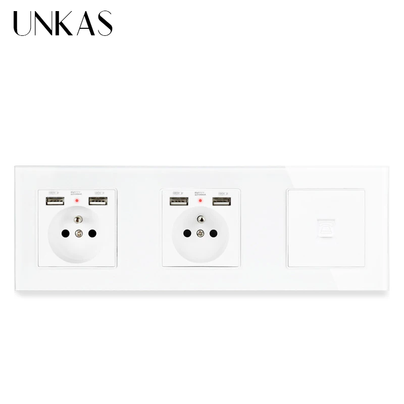 Двойная французская стандартная настенная розетка UNKAS из закаленного стекла с 4