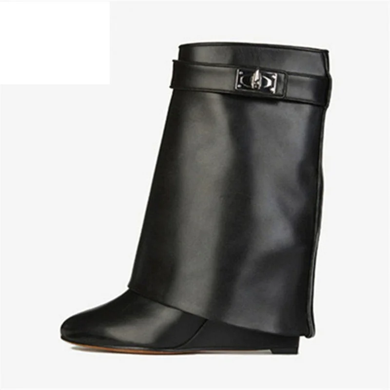 

Shark Lock Genuine Leather Women Wedge Boots Height Increasing Fold Over High Boots Ladies Botas Mujer Big Size