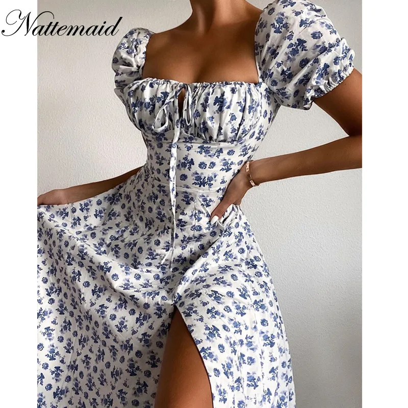 Женское платье с пышными рукавами Nattemaid длинное цветочным принтом и завязками