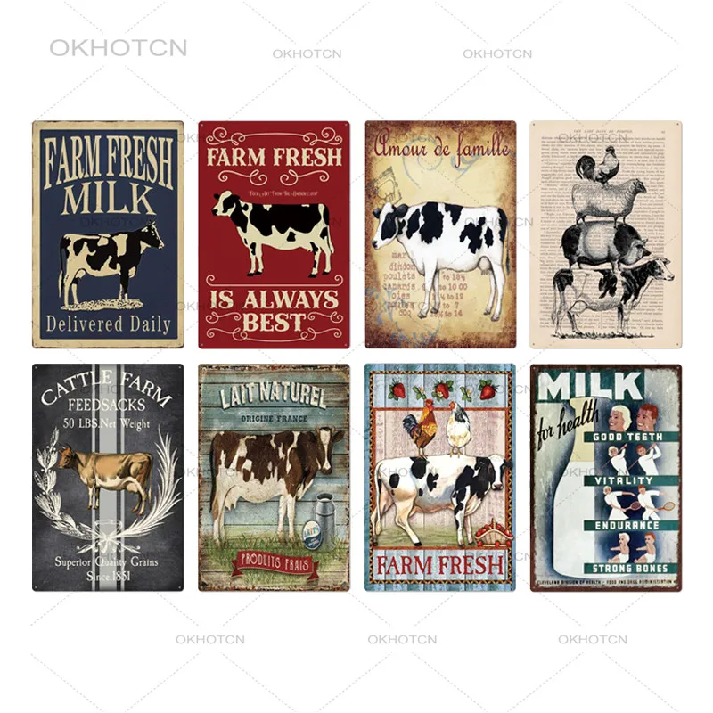 Anjoes Farm Fresh Milk Ad Cow Country Kitchen Home Wall Decor Placa metálica de 8 x 12 pulgadas