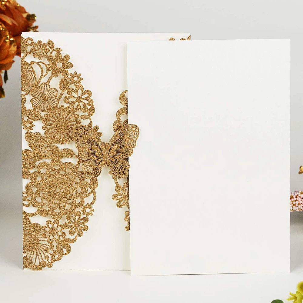  Wishmade 100pcs Lace Wedding Invitations Cards with Gold Glitter Laser Cut Butterfly for Bridal Sho - 4.00042E+12