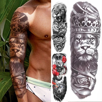 

Fake Temporary Tattoos Sleeve For Men Women Full Arm Lion Black Flower Tattoos Sticker Warrior Tiger Demon Eye Body Art Tatoos