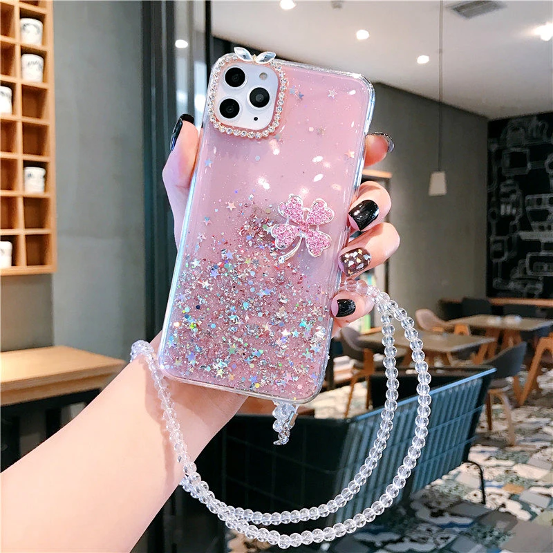 

Bling Glitter Star Sequins Diamond Flower Case For iPhone 11 Pro Max X XR XS 6 6S 7 8 Plus Case With Crystal Neck Lanyard Strap