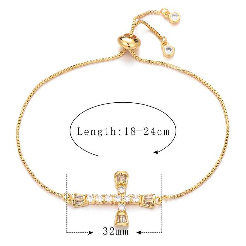 Pipitree Copper Clear Cubic Zirconia Cross Charm Bracelet for Women Adjustable Chain Gold Color Bracelets Jewelry Pulsera mujer
