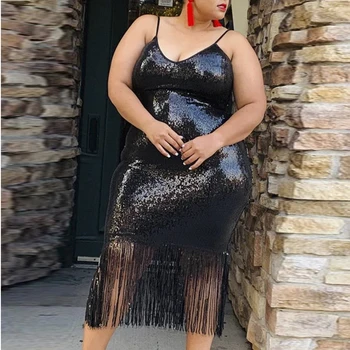 

Sequined Glitter Dresses Sexy Spaghetti Strap Bodycon Large Size Ladies Party Dress Tassels Plus Size Evening Date Out Event New