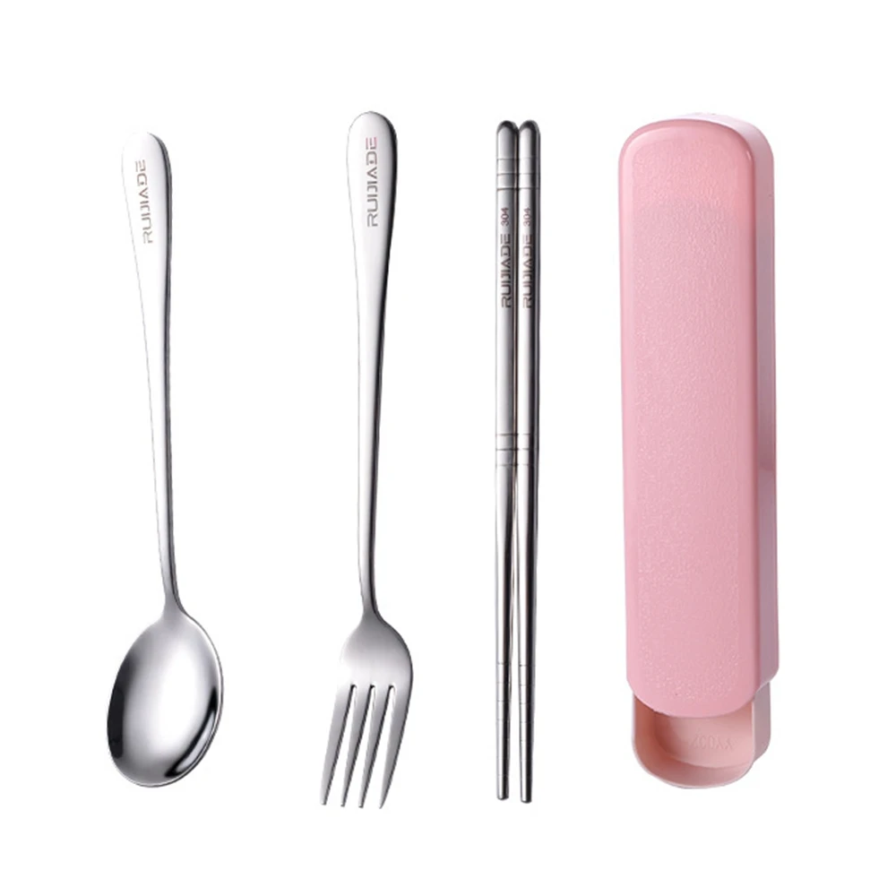 Портативный набор столовых приборов Ложка Вилка палочки для еды многоразовая посуда набор серебряных изделий с чехлом для Кемпинг путешествия - Цвет: Розовый