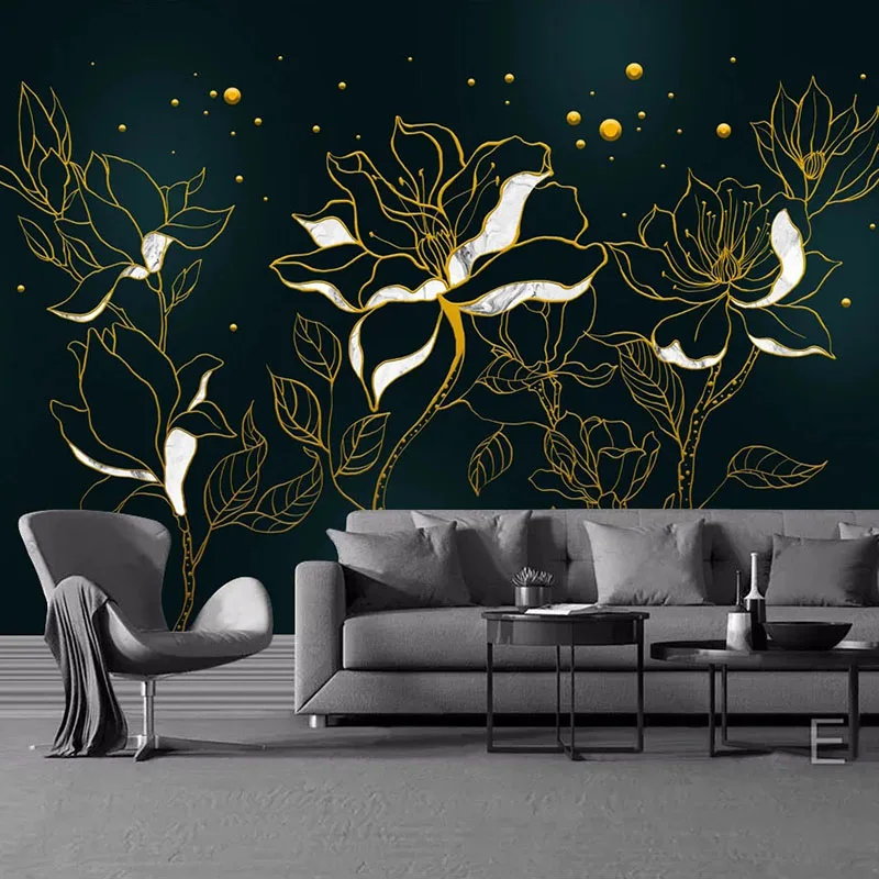 

Custom 3D Mural Wallpaper Golden Relief Lines Flowers Art Wall Painting Modern Living Room Sofa TV Background Papel De Parede