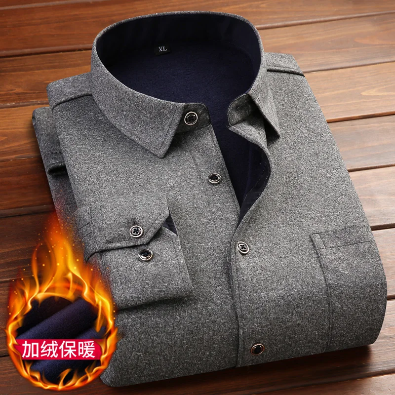 Camisa de vestir para hombres nueva camisa de manga larga de algodón sólido invierno de pana gruesa para hombre - Цвет: Серый