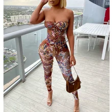 

Fashion Print Off Shoulder Women Jumpsuits Sexy Lace Up Workout Active Wear Fashion Overalls One Piece Bodycon Rompers Clubwear