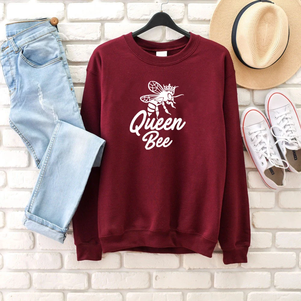 Burgunday-white txt Queen bee graphic, женская модная толстовка, Молодежный уличный стиль, весна-осень, чистый хлопок, пуловеры, крутой для хипстеров, подарок для девочки, художественный Топ - Цвет: Burgunday-white txt