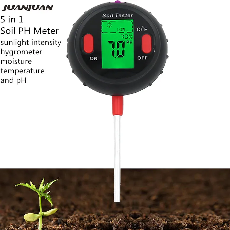 

5 in 1 Soil Ph Meter Soil Moisture Monitor LCD Display PH Tester Temperature Sunlight Intensity Testing Tool For Plants 30% OFF