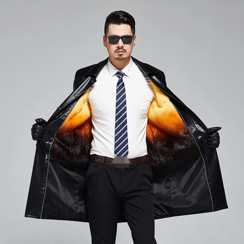 

High Quality Men Leather Windbreaker Brand Winter Warm Fur Collar Long Coat Male Business Single Breasted Casual Trench Coat