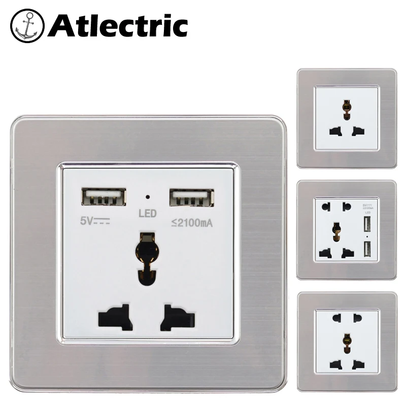 

Atlectric Universal Socket Outlet With Dual USB Port Stainless Steel Panel Wall Socket Power Adapter Outlet Plug