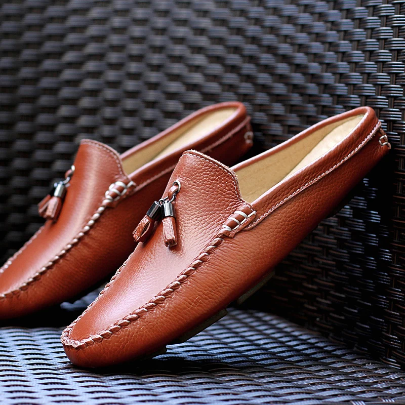 Men's Summer New Fashion Casual Mules Male Breathable First Layer Cowhide Loafer Slipper Mocassins Soft Genuine Leather Sandals