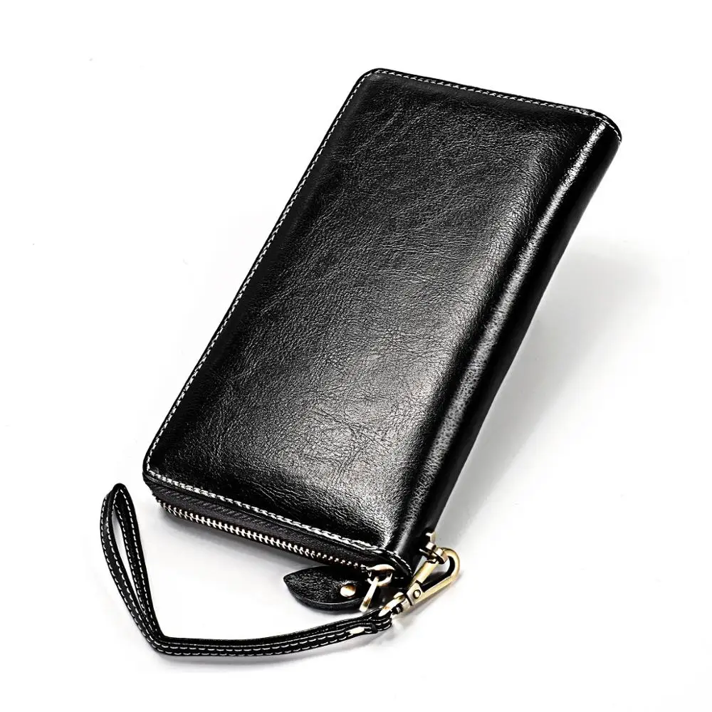 RFID дизайн женские клатчи кошельки из натуральной кожи женский длинный кошелек на молнии портмоне Crazy Horse Cowskin деньги телефон сумка - Цвет: Black
