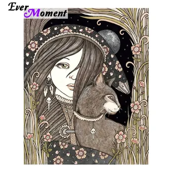 

Ever Moment 5D Diamond Painting Full Drill Square Cartoon Image Cool Girl And Cat Diamond Embroidery For Giving Home Decor 5L143