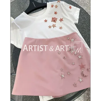 

Svoryxiu High-End Custom Summer Shorts Skirts Women's luxury Manual Beaded Sequins High Waist Pink Shorts Skirts Female