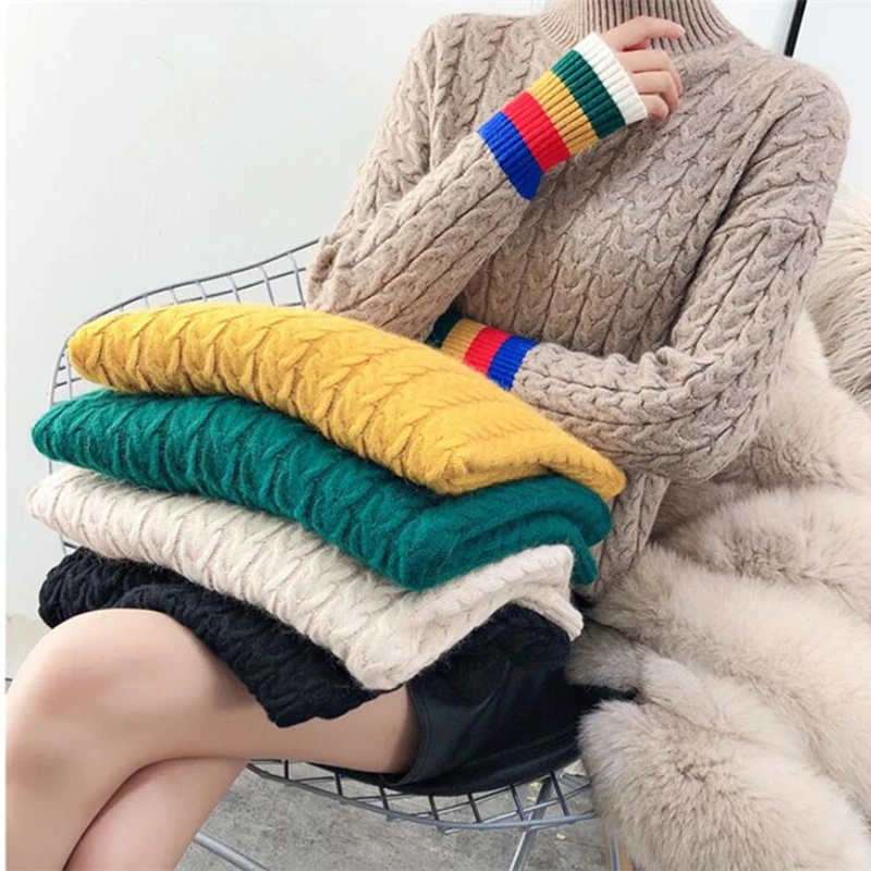 Женский пуловер с воротником-стойкой GCAROL, короткий теплый вязаный свитер с рукавами в полоску, джемпер на осень и зиму