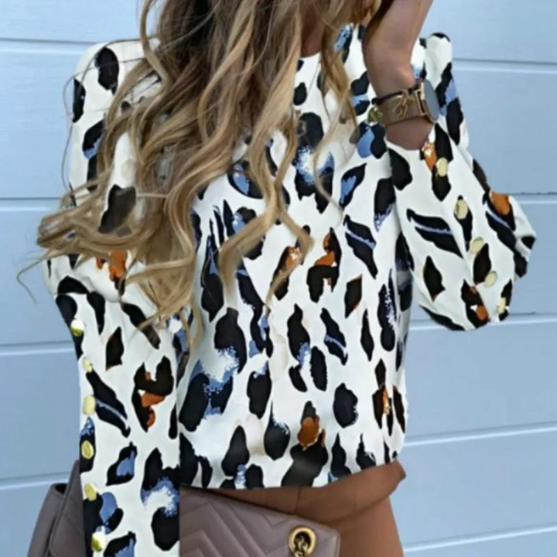 Размера плюс 3XL письмо ананас с цепью печати рубашки с буфами на рукавах Женский Топ Офис белая блузка элегантные весенние Blusas пуговицы G1046 - Цвет: Leopard Printed