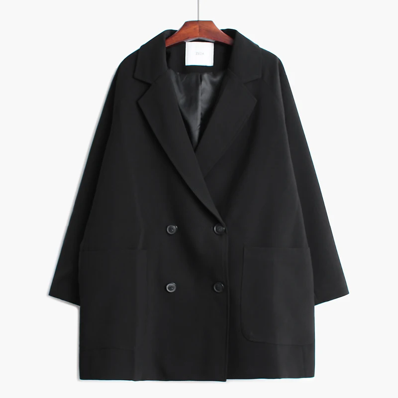 [EAM] Свободная двубортная куртка большого размера с карманами, новая женская куртка с отворотом и длинным рукавом, модное осенне-зимнее пальто 1H126 - Цвет: black