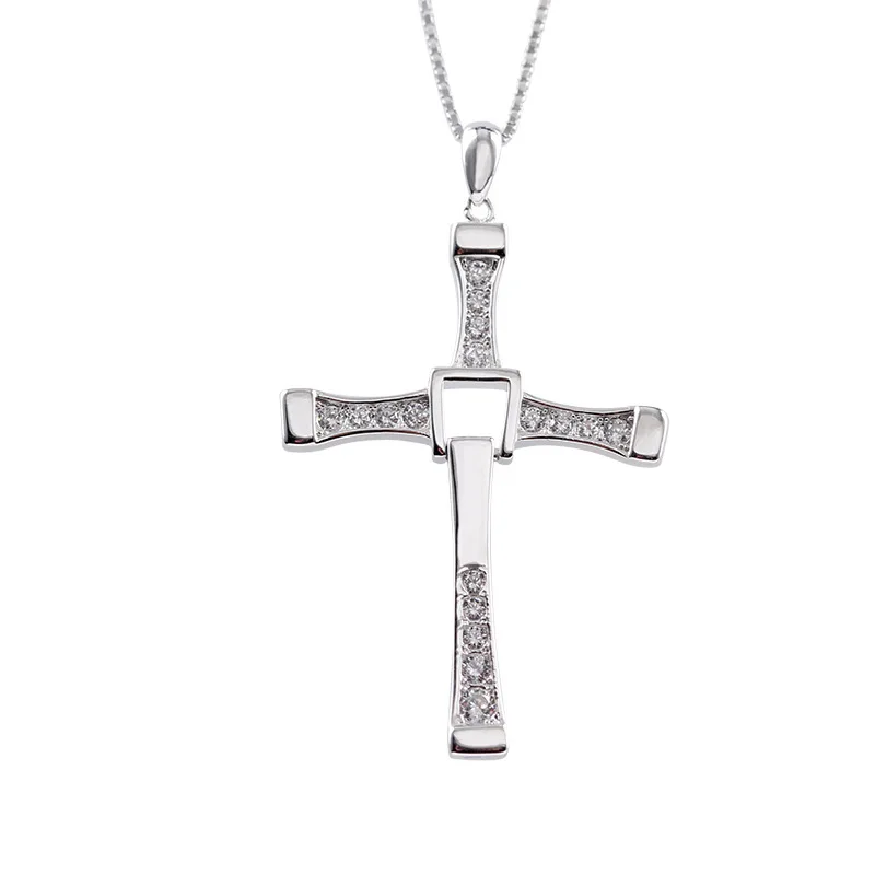 

Europe And America Fashion Large Cross Pendant 925 Silver Necklace with Man-made Diamond Versatile Necklace Couples with Crystal