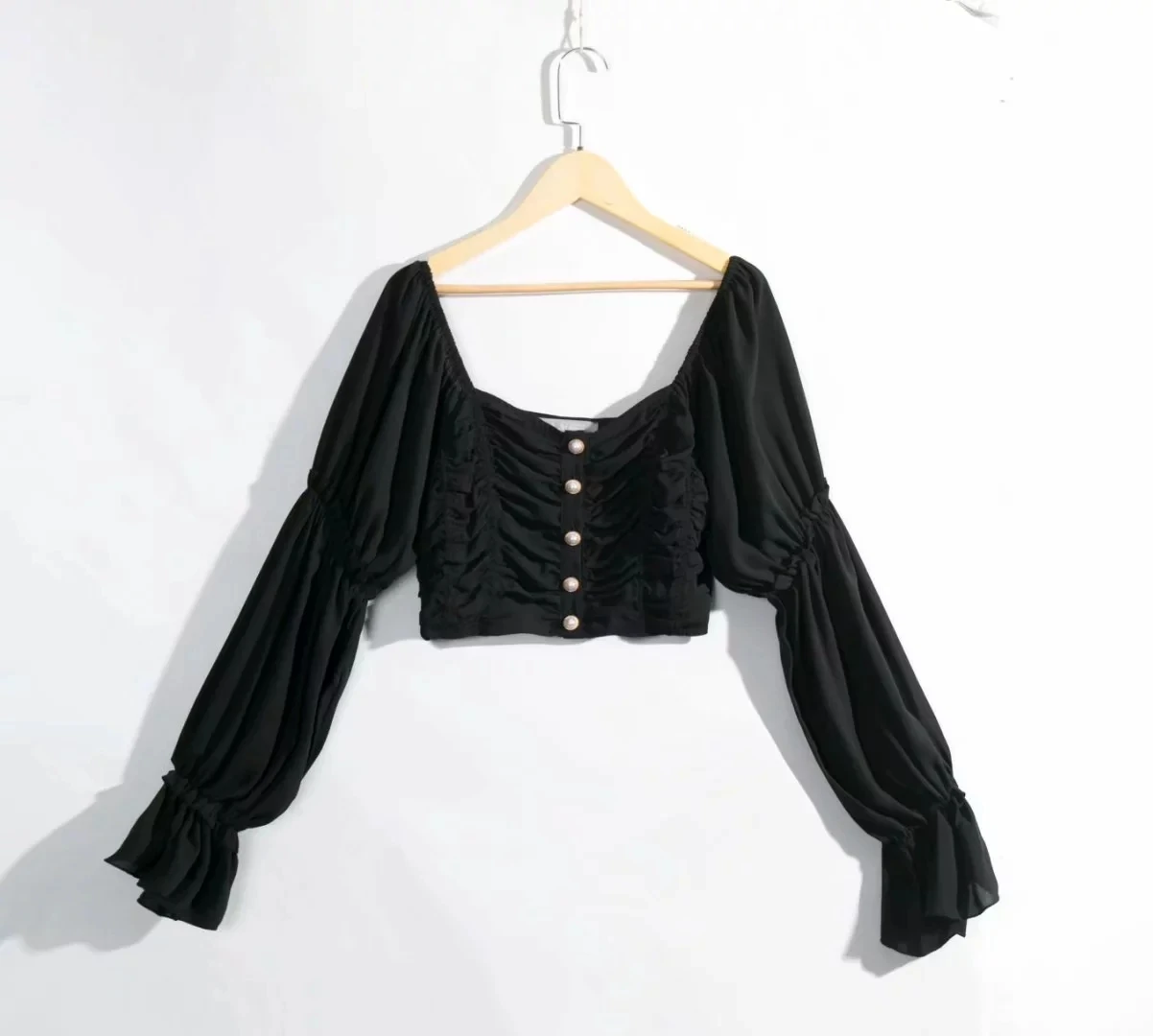 

Summer Women Blouses Retro Square Collar Shirts Long Sleeve Pleated Shorts Women Tops