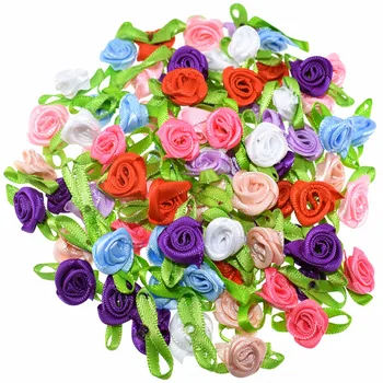 

50Pcs Handmade Small Leaf Rose Flower Appliques Satin Ribbon Rosette Artificial Flowers Craft For Wedding Packing Decoration 1"