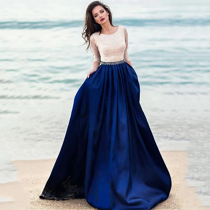 

Sequin Lace Evening Dress A Line Scoop Neck 3/4 Length Sleeves Bead Evening Dress Formal Party Prom Gowns For Women vestido long