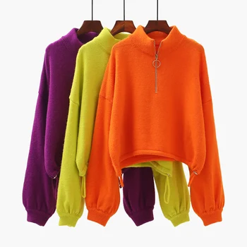

zipper knitted women sweater and pullovers 2020 winter new solid lantern sleeved short high waist female pulls outwear tops