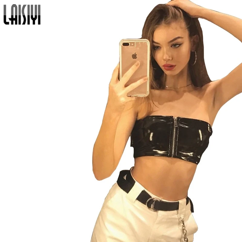 LAISIYI Готический ПУ кожа Camis женские крутые Топы без бретелек модные укороченные топы на молнии уличная Клубная короткие футболки
