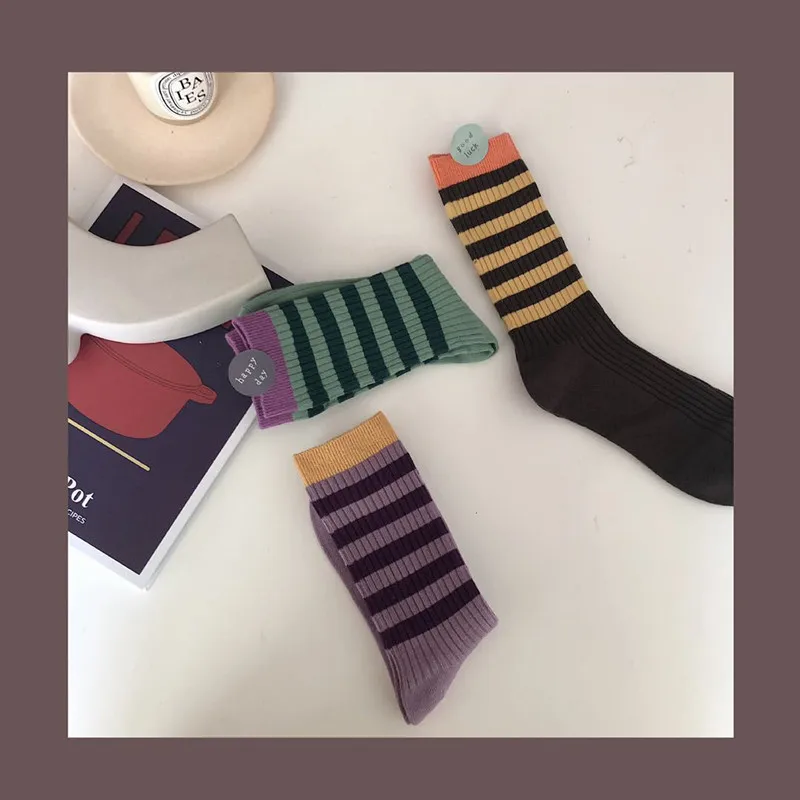 

Korean Color Matching Striped Women's Socks Piled Socks Japanese Combed Cotton Solid Color Women's Socks