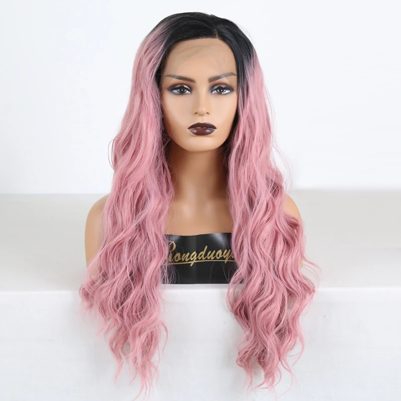 

RONGDUOYI Synthetic Lace Front Wig Long Ombre Pink Color Body Wave Wavy Heat Resistant Wigs with Side Part for Women Daidy Use