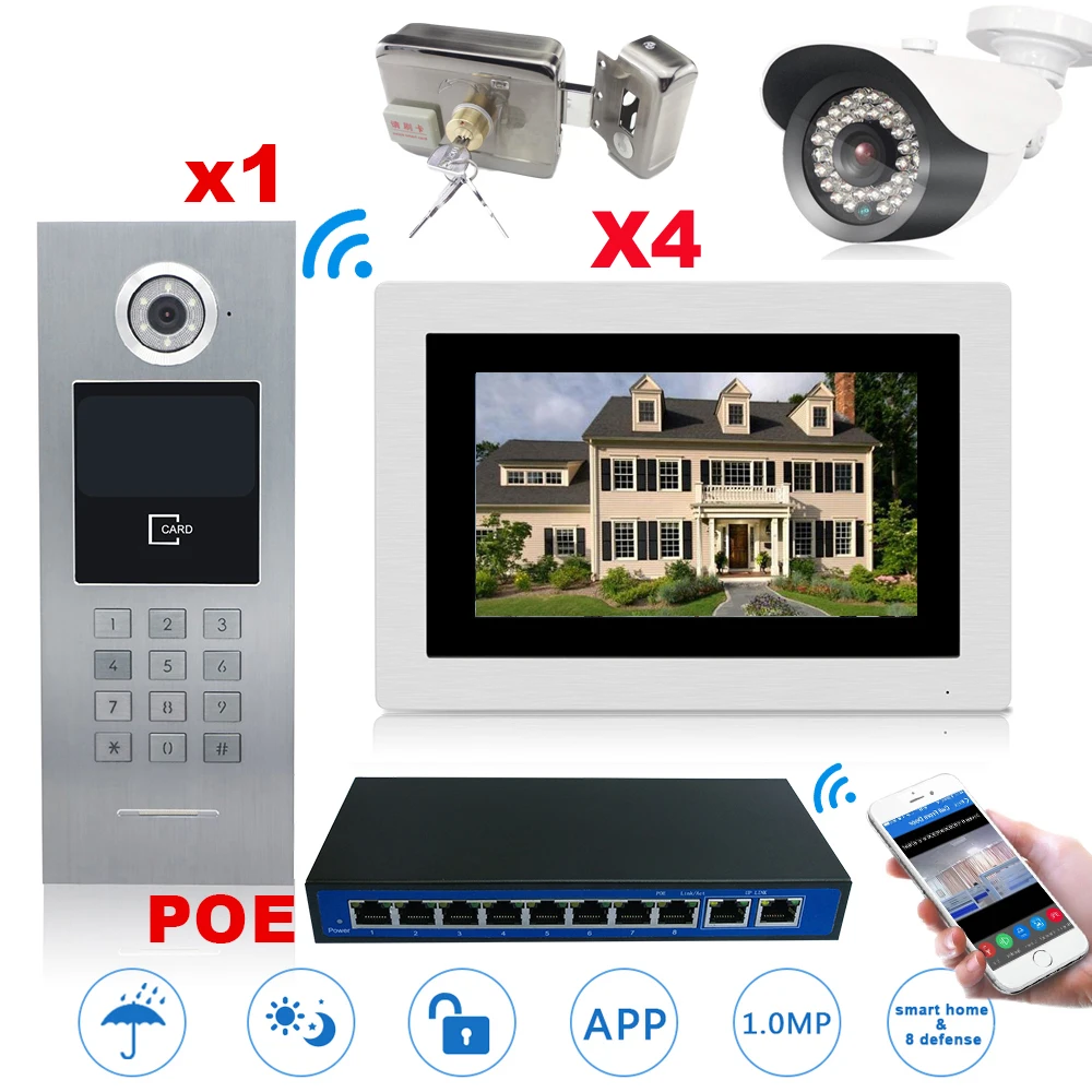 WiFi IP Video Door Phone Video Intercom Mobile App 4 Apartments Home Access Control System+IP Camera+Electronic Locks+POE Switch