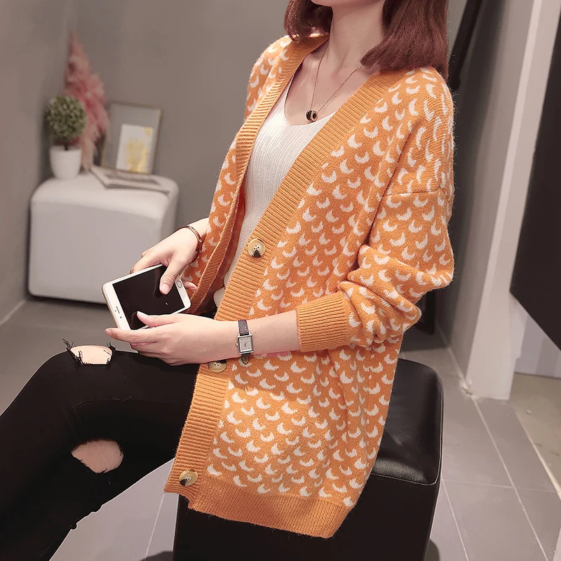

Plus Size Korean Style Women Cardigan Knitted Sweater Autumn Witer Clothes Casual Loose Moon Pattern Oversize Knitwear Outwear