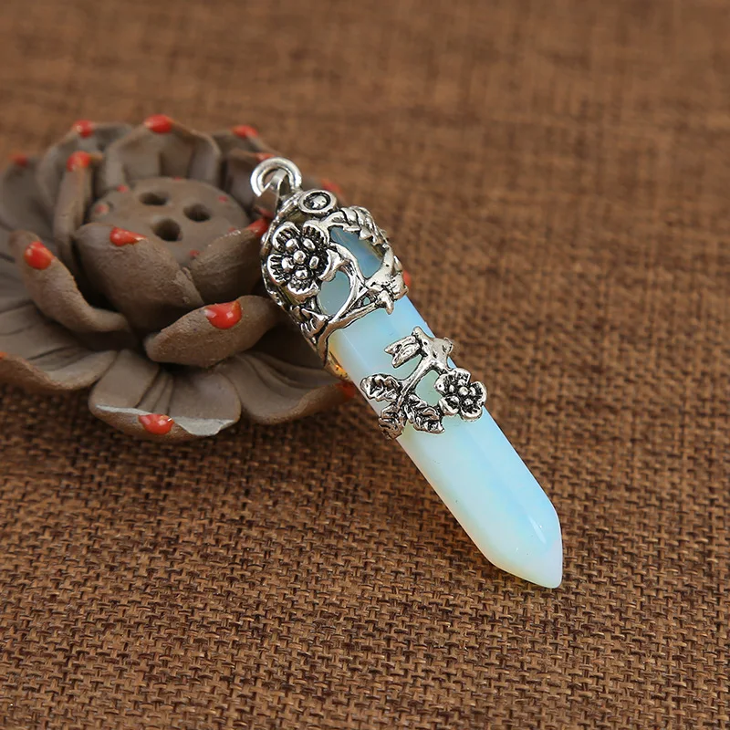 Natural Stone Hexagon Prism Tiger Eye Amethyst Pink Crystal Opal Flower Pendants Charms Necklace Jewelry Making