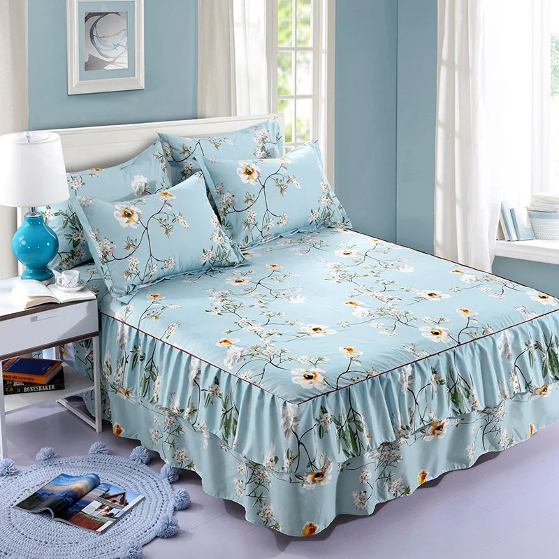 

3pcs Four Seasons Princess Style Bed Skirt Pillowcase Three-piece Aloe Cotton Fabric Fadeless Bedding