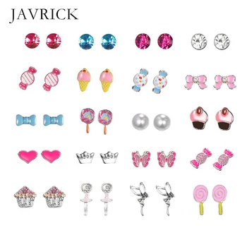 

20 Pairs Kids Stud Earrings Set Mixed Color Cute Animal Heart Pearl CZ Studs Kit Personality Ear Decoration Birthday Gift