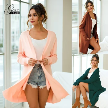 

Gold Hands Pink Women Cardigan with Pockets Long Knitted Sweater Coat 2019 Winter Clothes Women Warm Elegant Outwear Women