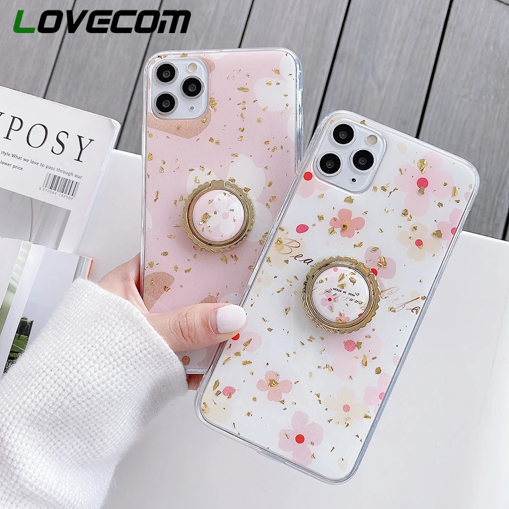 LOVECOM Cute Flower Gold Foil Phone Case For iPhone 11 Pro Max XR XS Max 7 8 Plus X SE 2020 Ring Stand Soft Epoxy Back Cover LOVECOM Cute Flower Gold Foil Phone Case For iPhone 11 Pro Max XR XS Max 7 8 Plus X SE 2020 Ring Stand Soft Epoxy Back Cover