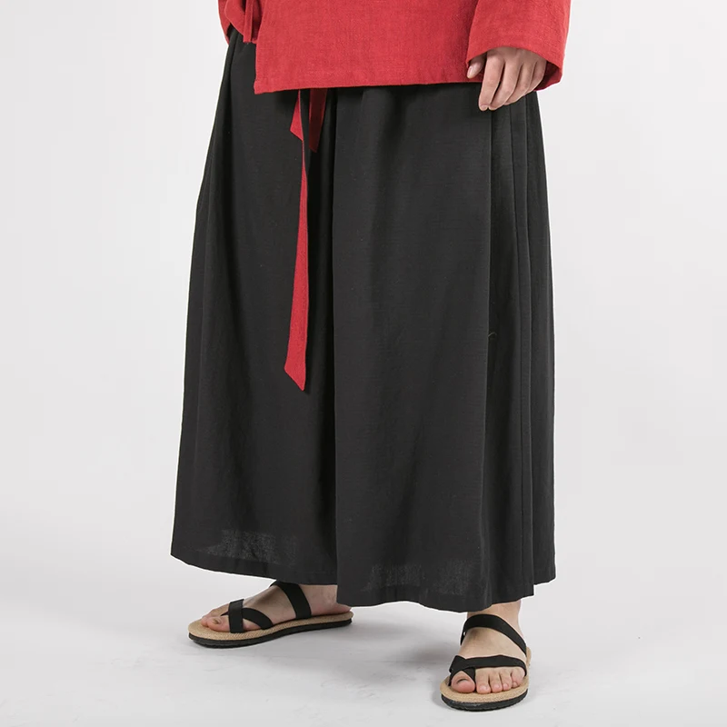 Chinese Style Men Cotton Linen Wide Leg Pants Black Harajuku Male Streetwear Harem Pants Man HanFu Kongfu Trousers Skirt