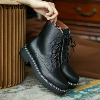 

ENNIS Designer Martin Boots Woman Ankle Boots Genuine Leather Black Lace Up Boots Flat Autumn Winter Shoes Female 2020 A0207