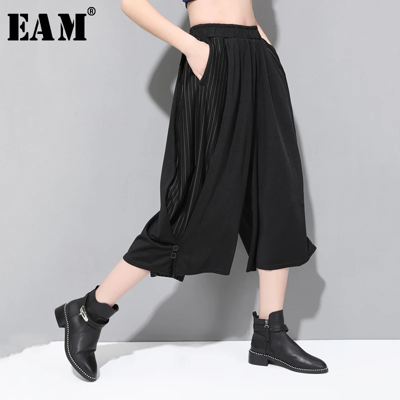 

[EAM] 2019 New Autumn Winter High Elastic Waist Black Loose Striped Button Stith Wide Leg Pants Women Trousers Fashion JQ136
