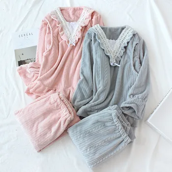

Autumn and winter comfort month maternity clothes flannel solid color stitching lace side pajamas thickening postpartum suit