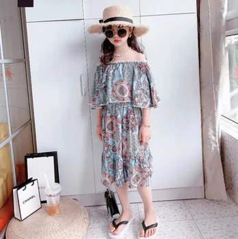 

Children's clothing 2020 summer new children's suits girls girls blue one-line collar pullover dress two-piece suit